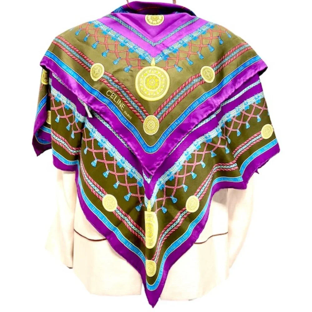 Vgt Celine Paris 100% Silk Scarf Satin 32" purple blue olive red twine tassel(44 - Picture 8 of 15